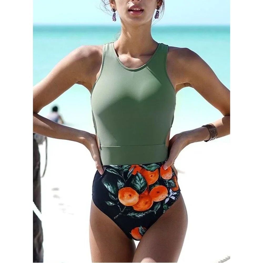 NWT Cupshe Miss U Citrus Print Cutout One Piece Swimsuit Zip Back Tie Waist Sz M